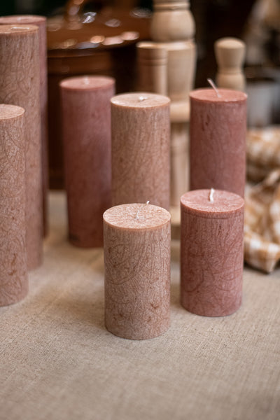 Upcycled olive wax pillar candles 6 cm x 10 cm - Chestnut #62