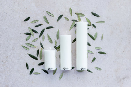 Upcycled olive wax pillar candles 6 cm x 10 cm - White