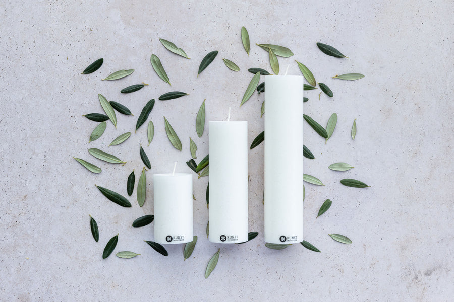 Upcycled olive wax pillar candles 6 cm x 10 cm - White