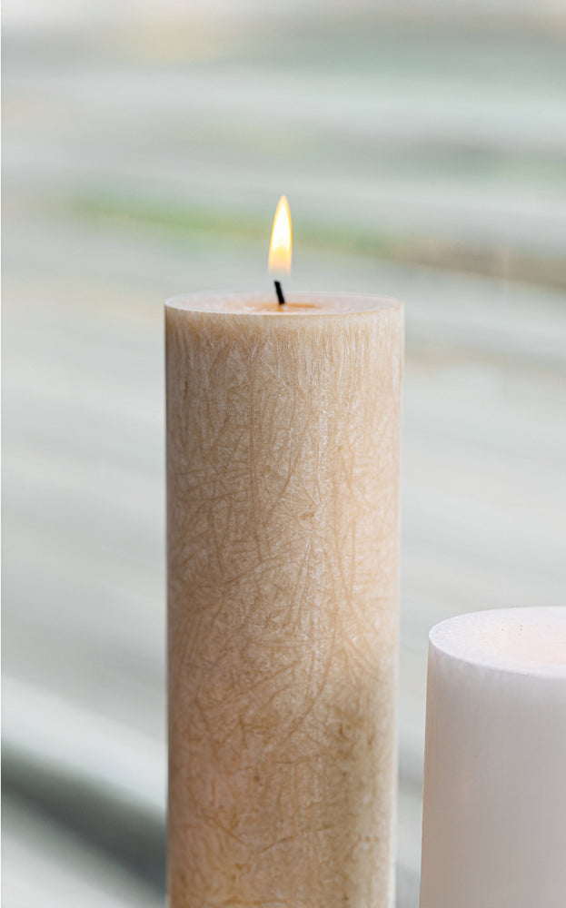 Upcycled olive wax pillar candles 6 cm x 18 cm - Sand #63