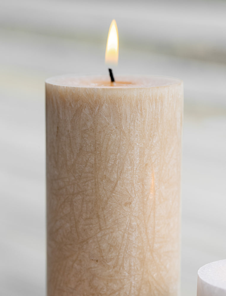 Upcycled olive wax pillar candles 6 cm x 10 cm - Sand #63