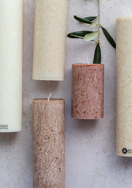 Upcycled olive wax pillar candles 6 cm x 18 cm - Hazelnut #61